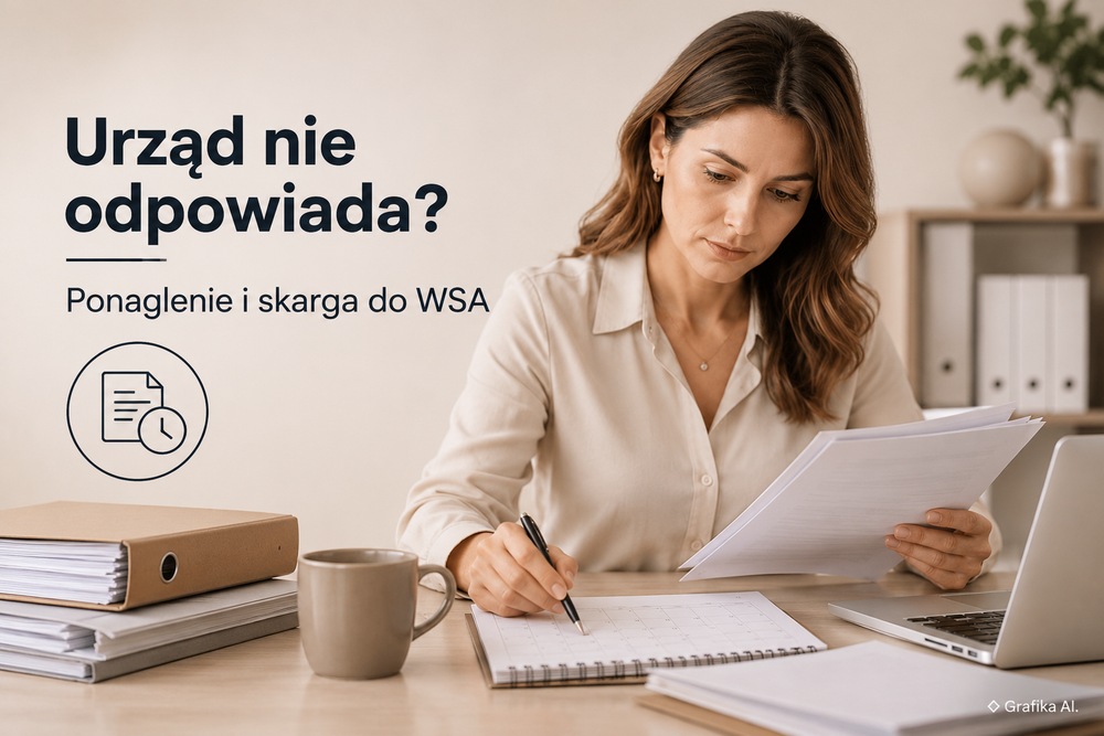 Kobieta przegląda pisma urzędowe przy kalendarzu; ponaglenie i skarga do WSA. Grafika AI.