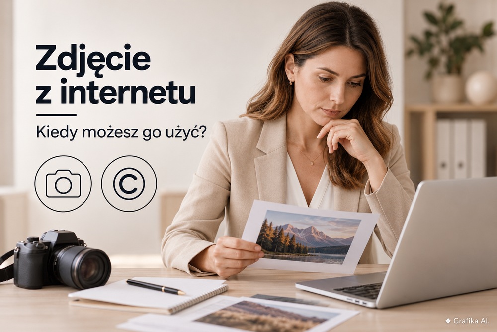 Kobieta sprawdza fotografię przy laptopie; legalne korzystanie ze zdjęć z internetu. Grafika AI.