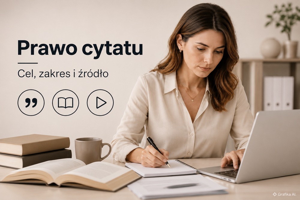Kobieta pisze przy laptopie i otwartej książce; prawo cytatu, cel, zakres i źródło. Grafika AI.