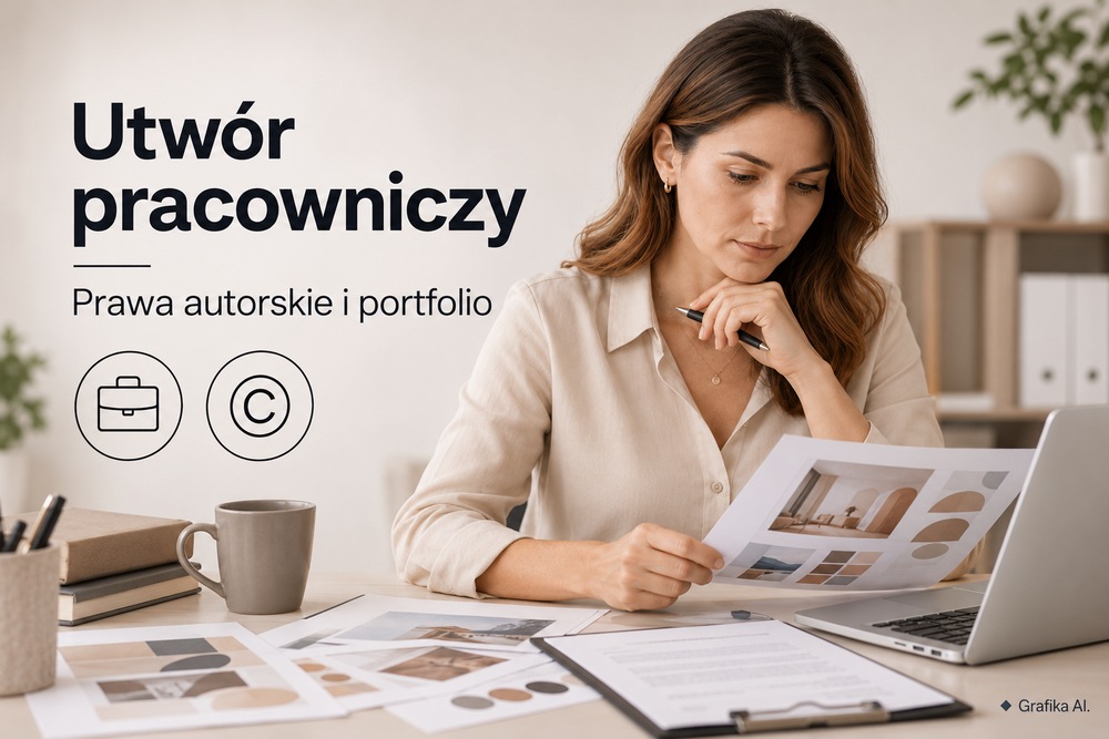 Projektantka przegląda projekty przy laptopie; prawa autorskie do utworu pracowniczego i portfolio. Grafika AI.